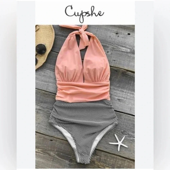 Cupshe One Piece Tie Halter Swimsuit Striped Bottom Orange Black Size XL - Picture 2 of 8